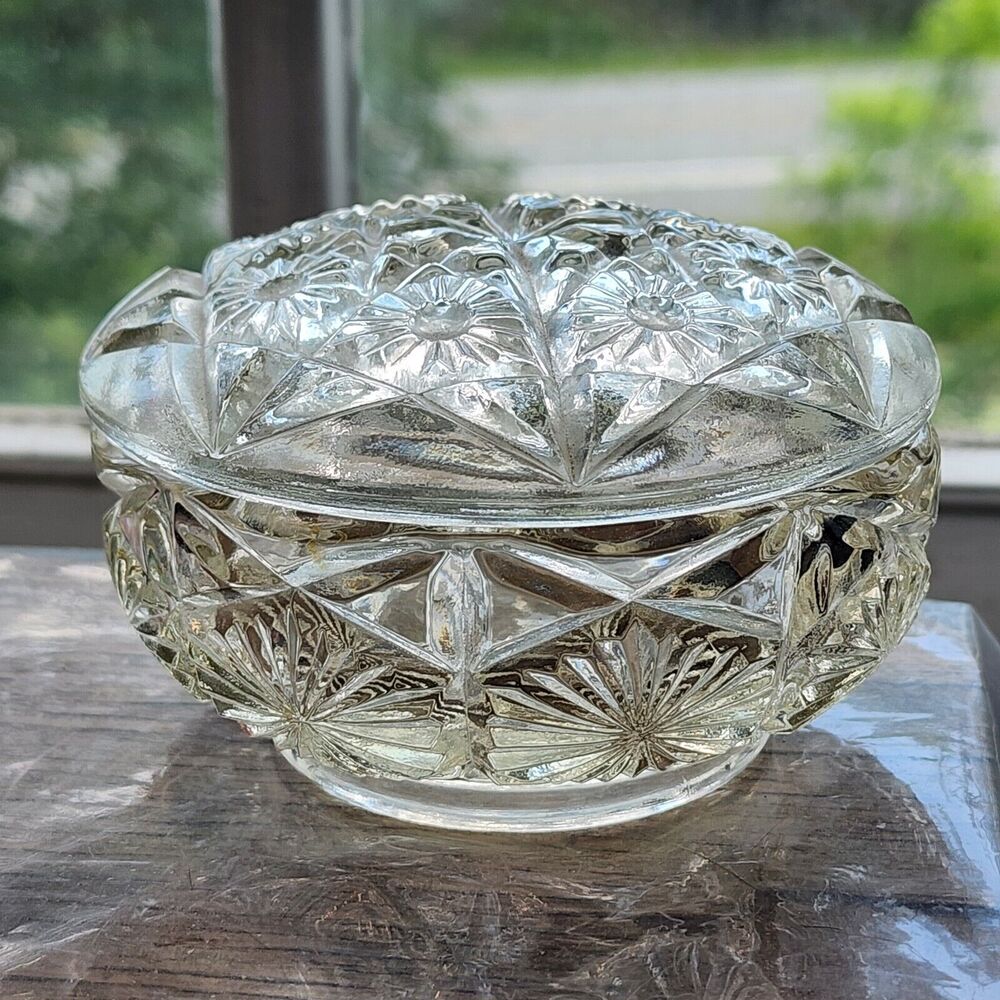 Vintage Pressed Glass Bowl with Lid - Trinket Dish, Jewelry Holder 2.5” Tall